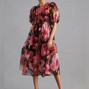 By Anthropologie Puff Sleeve Organza Silk Floral Midi Dress Size Large